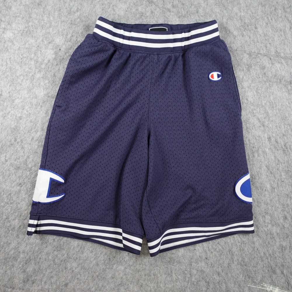 Champion Shorts Men Small Navy Blue Mesh Striped Waistband Big C Logo Athletic
